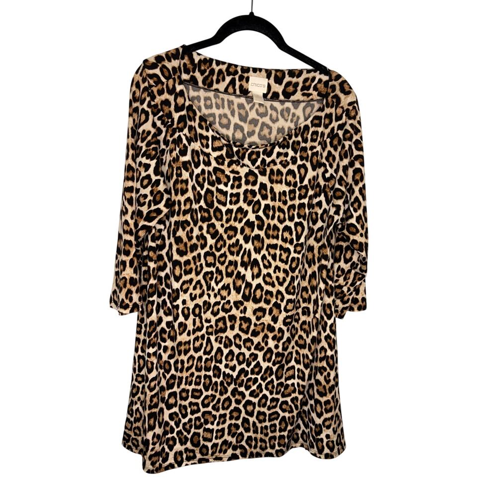 Chico's Leopard Print Tunic 3/4 Sleeves Size 2 Large 12-14 Scoop Neck Blouse Top